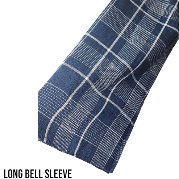 CLOTH & STONE Women's Long Bell Sleeve Off Shoulder Homestead Blue Plaid Blouse - Picture 4 of 16